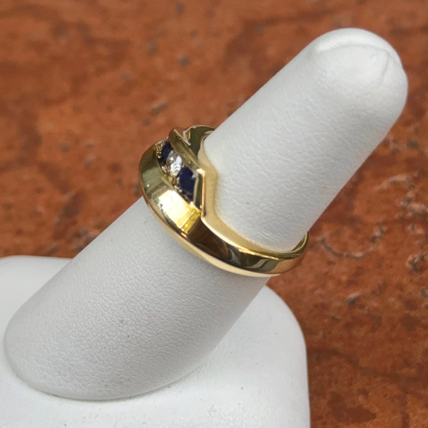 Estate 18KT Yellow Gold Round Blue Sapphire + Diamond Channel Set Ring