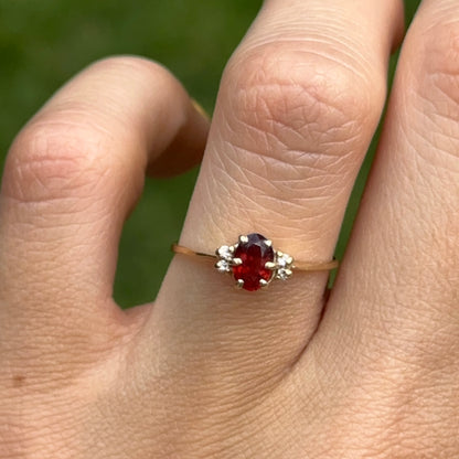 Estate 14KT Yellow Gold Oval .55 CT Garnet + Diamond Ring