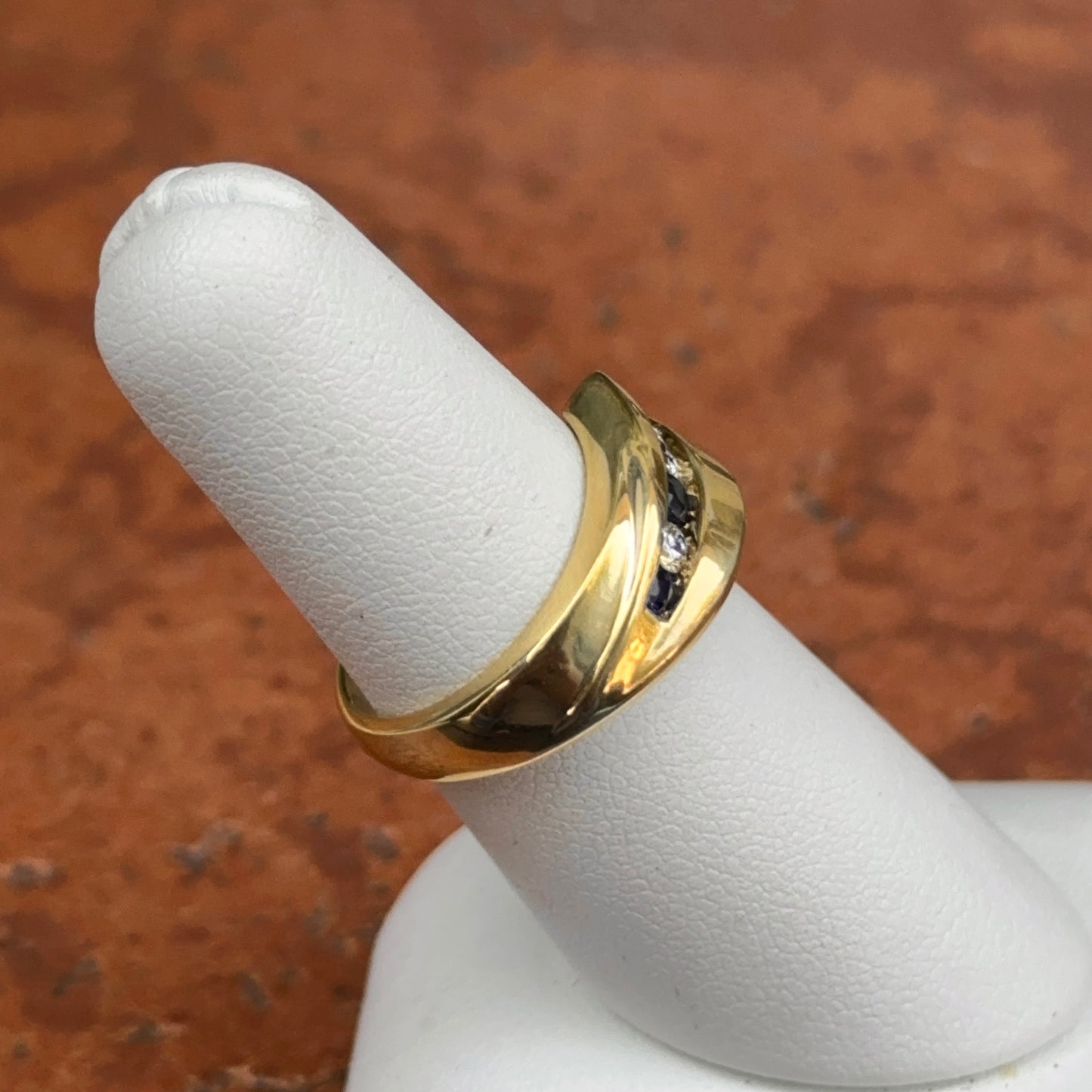 Estate 18KT Yellow Gold Round Blue Sapphire + Diamond Channel Set Ring