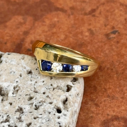 Estate 18KT Yellow Gold Round Blue Sapphire + Diamond Channel Set Ring