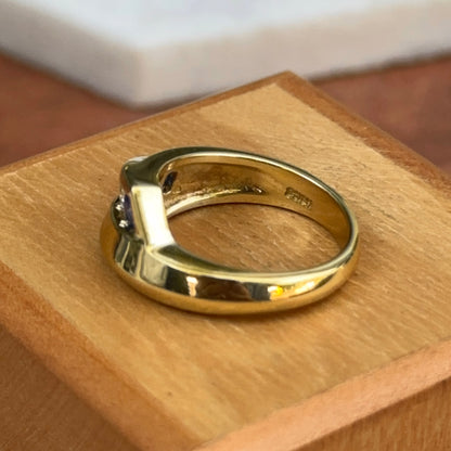 Estate 18KT Yellow Gold Round Blue Sapphire + Diamond Channel Set Ring