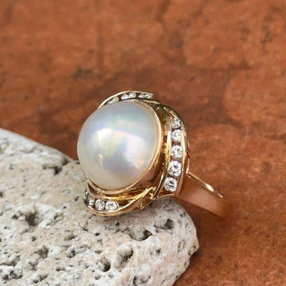 Estate 14KT Round Mabe Pearl + Channel Set Diamond Ring