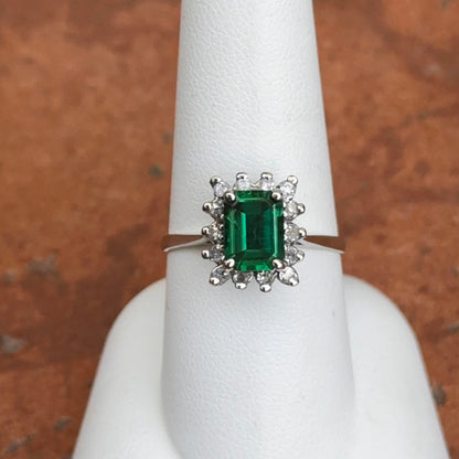 Estate 14KT White Gold Lab Emerald-Cut Emerald + Diamond Halo Ring