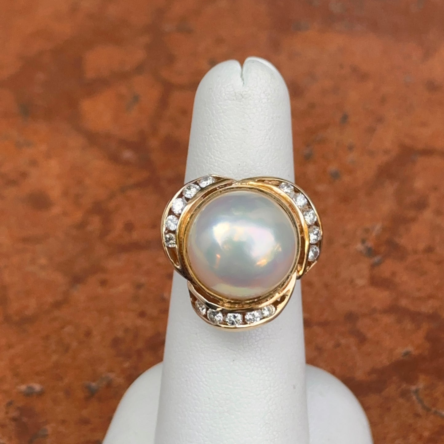 Estate 14KT Round Mabe Pearl + Channel Set Diamond Ring