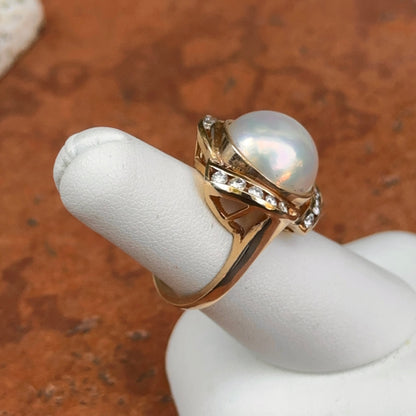 Estate 14KT Round Mabe Pearl + Channel Set Diamond Ring