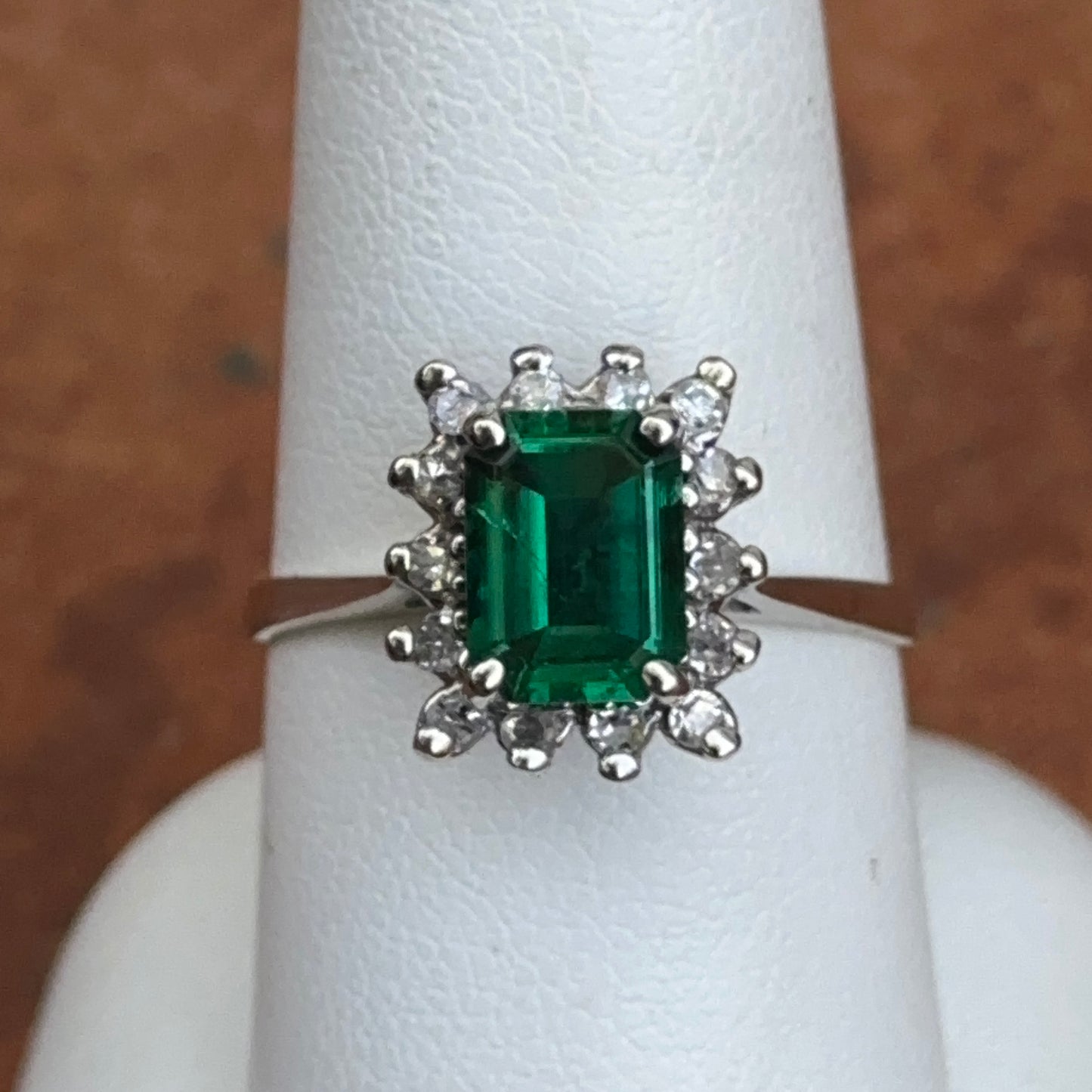 Estate 14KT White Gold Lab Emerald-Cut Emerald + Diamond Halo Ring