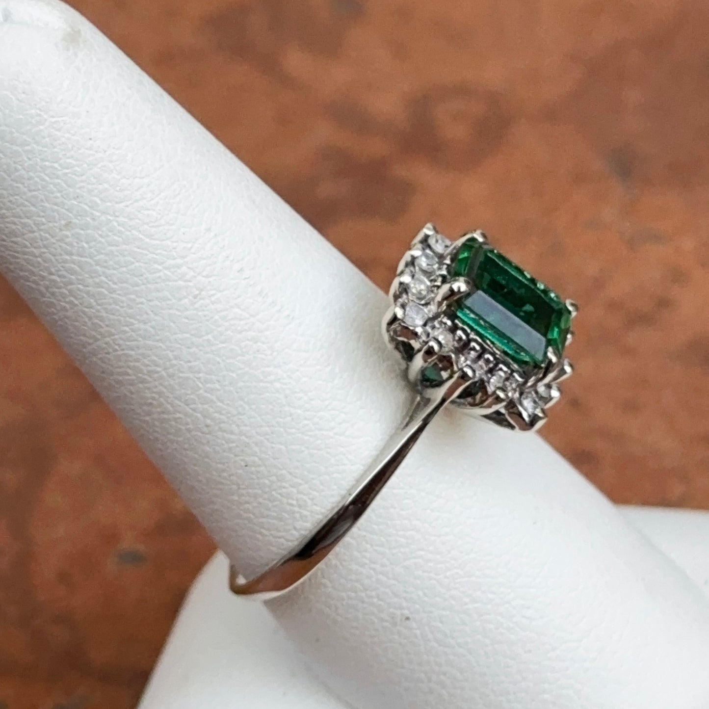 Estate 14KT White Gold Lab Emerald-Cut Emerald + Diamond Halo Ring