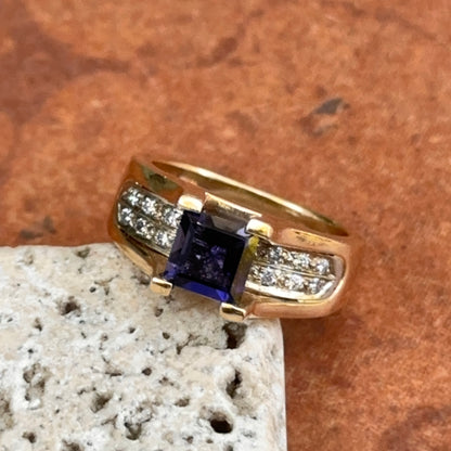 Estate 14KT Yellow Gold Square Iolite + Diamond Ring