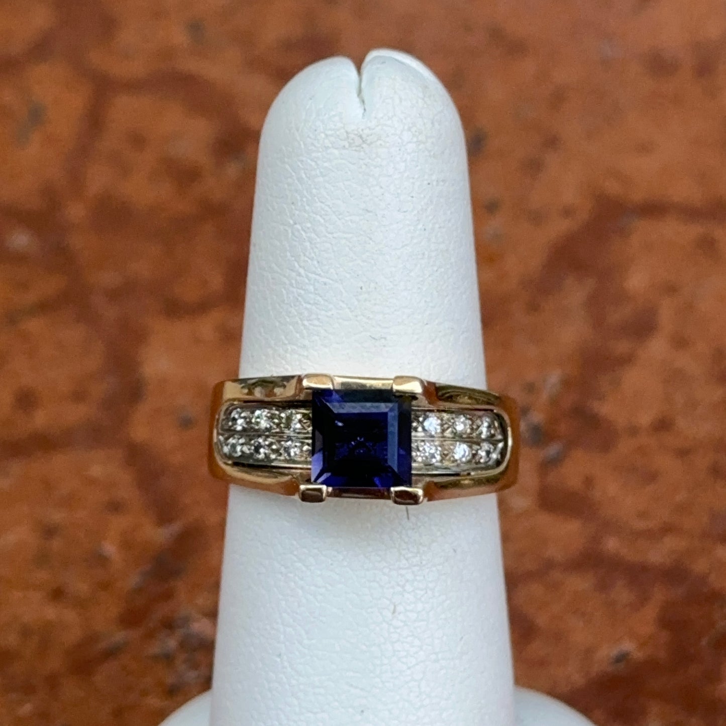 Estate 14KT Yellow Gold Square Iolite + Diamond Ring