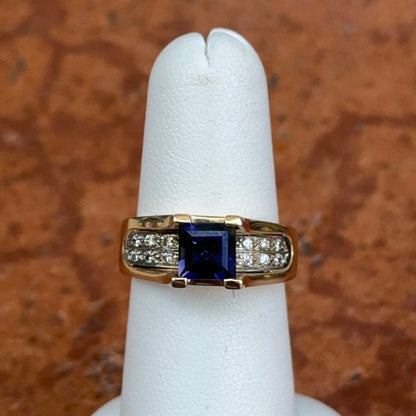 Estate 14KT Yellow Gold Square Iolite + Diamond Ring
