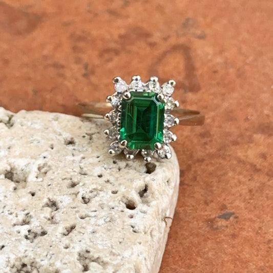 Estate 14KT White Gold Lab Emerald-Cut Emerald + Diamond Halo Ring