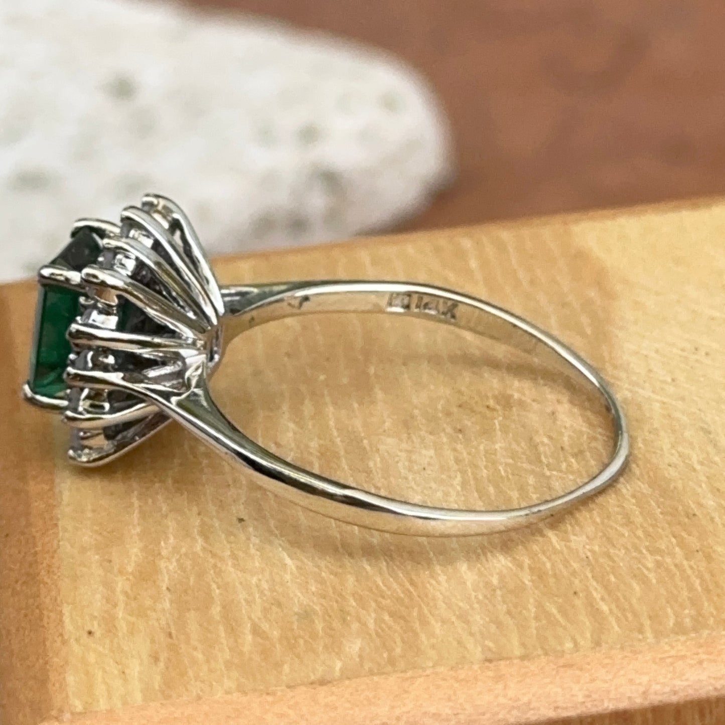 Estate 14KT White Gold Lab Emerald-Cut Emerald + Diamond Halo Ring