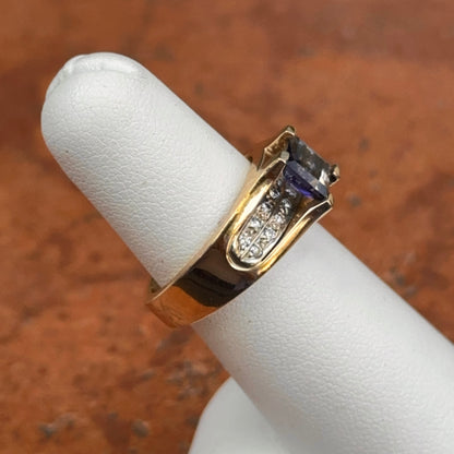 Estate 14KT Yellow Gold Square Iolite + Diamond Ring