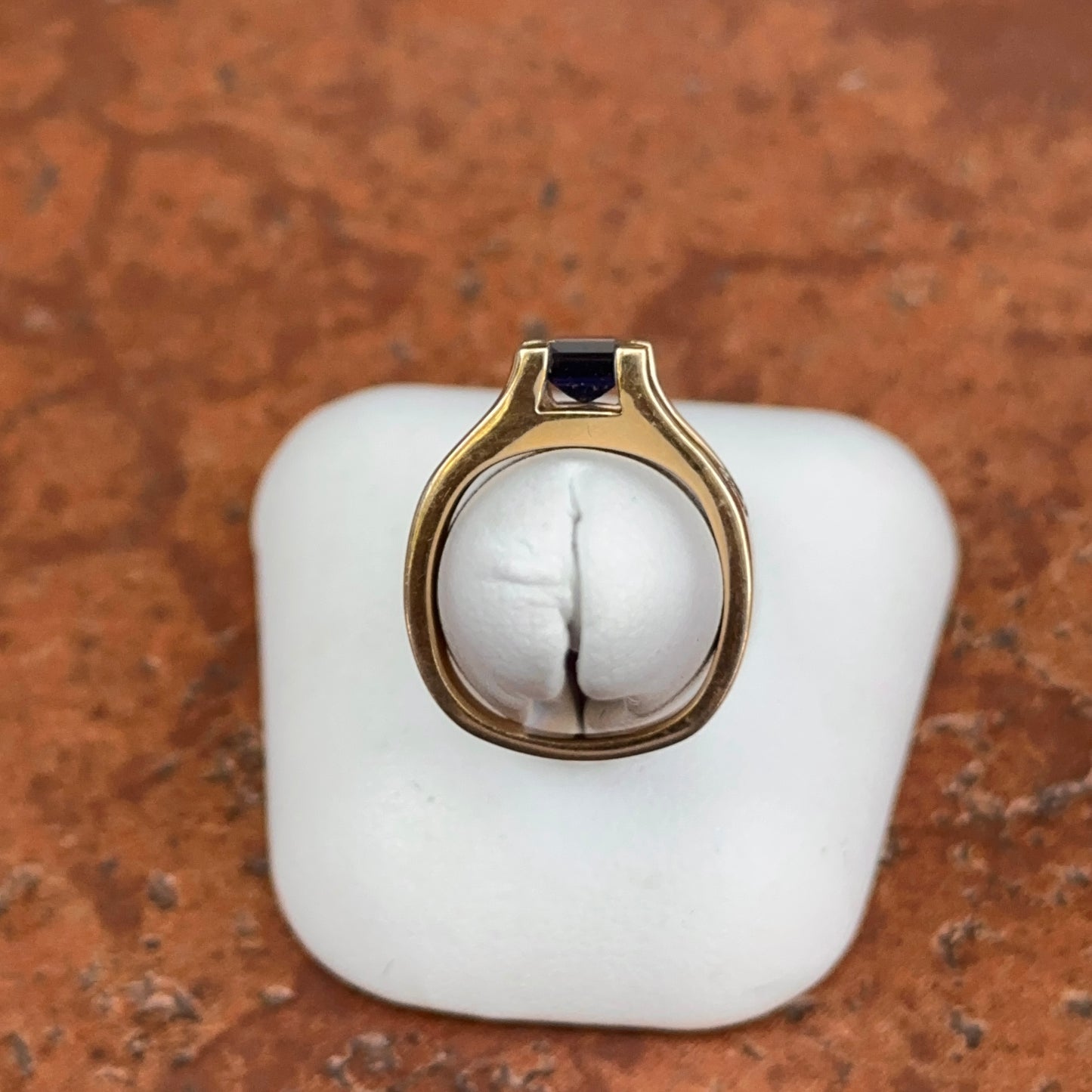 Estate 14KT Yellow Gold Square Iolite + Diamond Ring