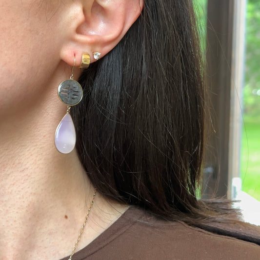 Estate 14KT Yellow Gold Pear Purple Jade + Gray Gemstone Dangle Earrings