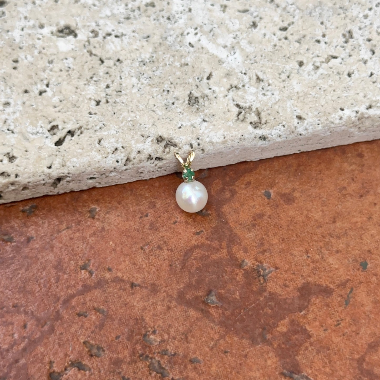 14KT Yellow Gold Freshwater Pearl + Emerald Drop Pendant