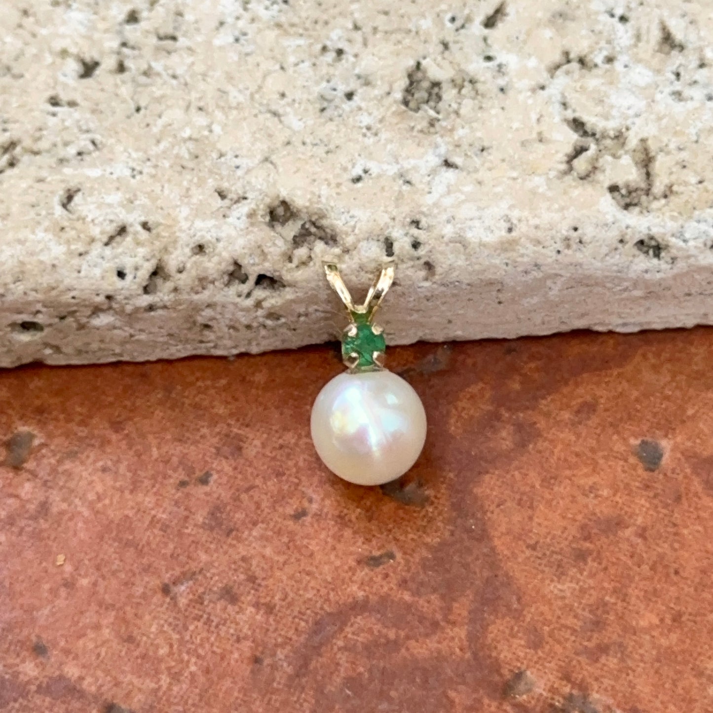 14KT Yellow Gold Freshwater Pearl + Emerald Drop Pendant