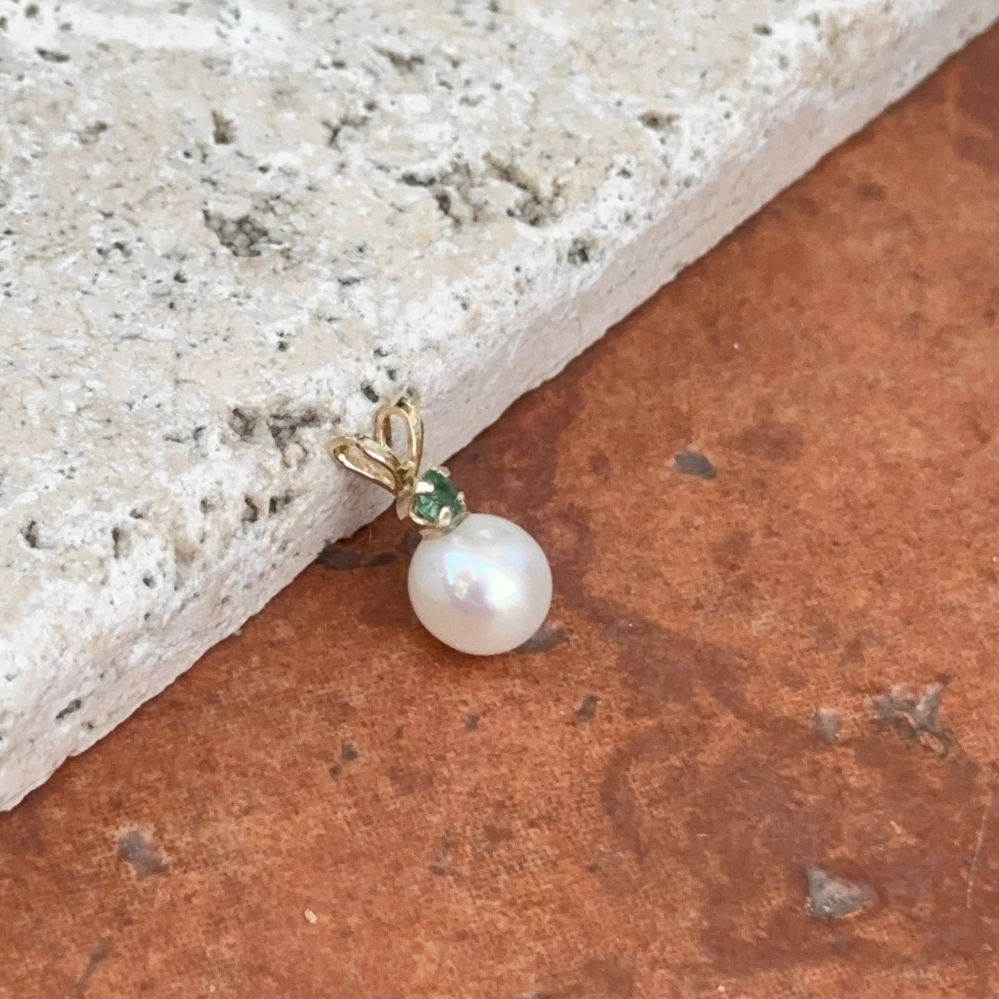 14KT Yellow Gold Freshwater Pearl + Emerald Drop Pendant