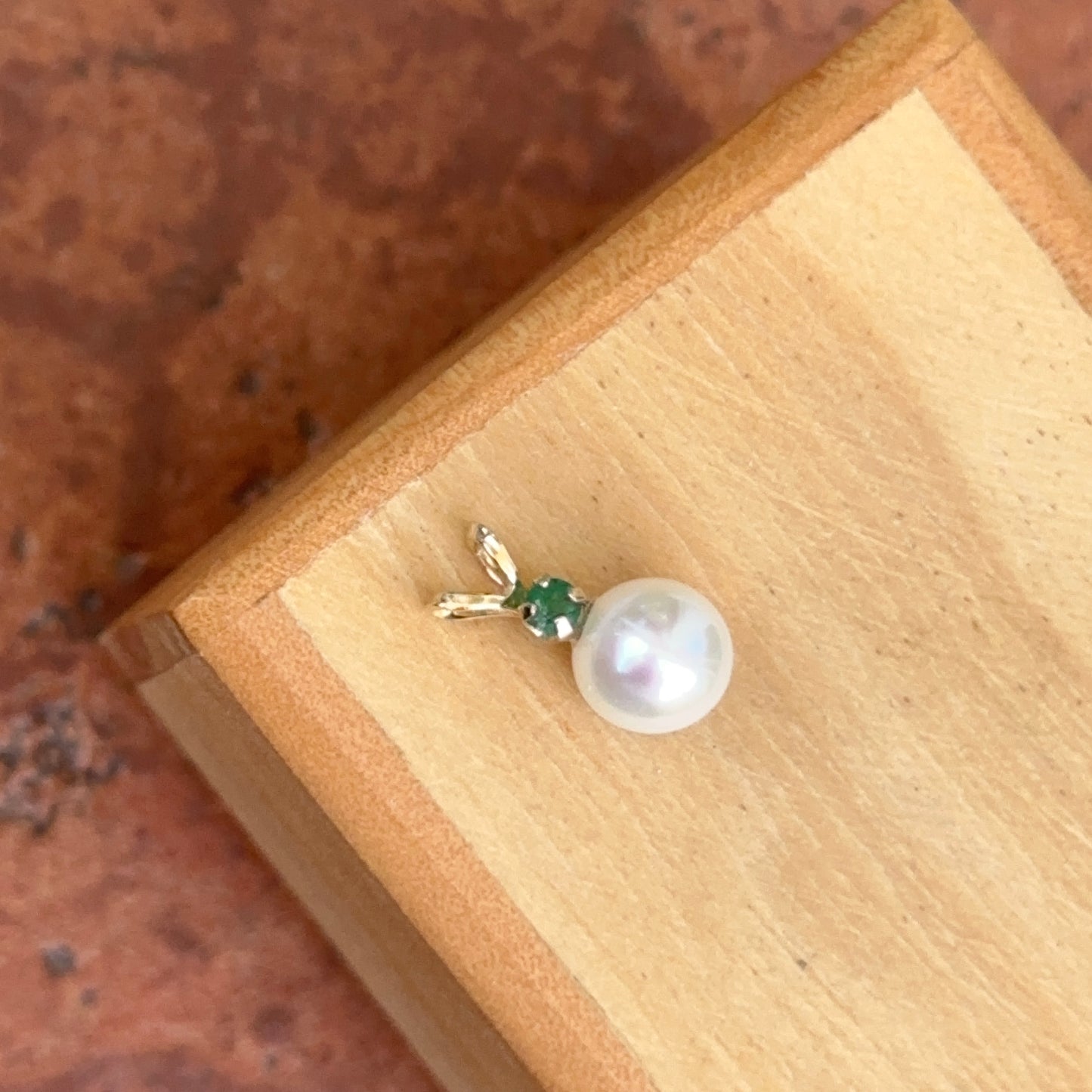 14KT Yellow Gold Freshwater Pearl + Emerald Drop Pendant