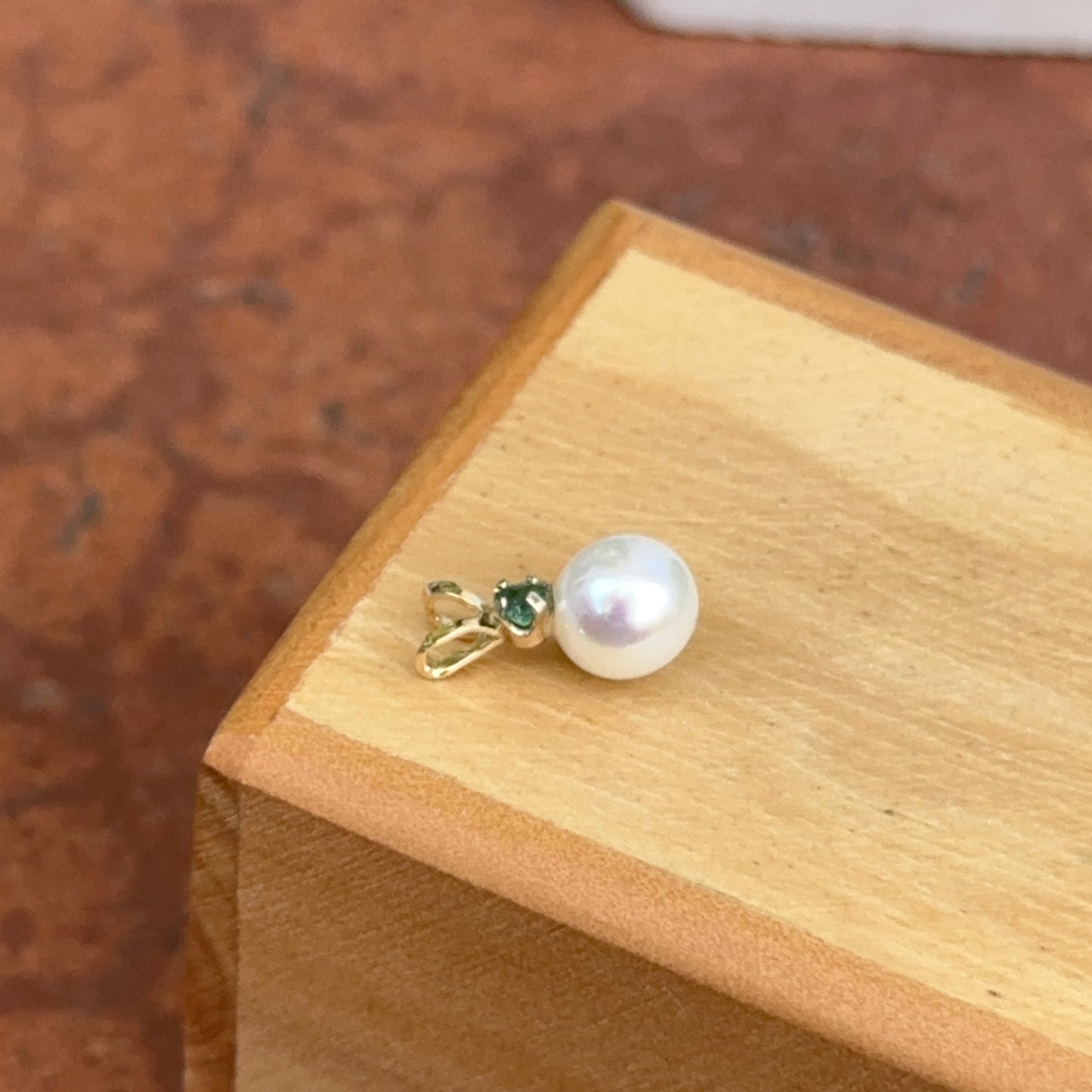 14KT Yellow Gold Freshwater Pearl + Emerald Drop Pendant