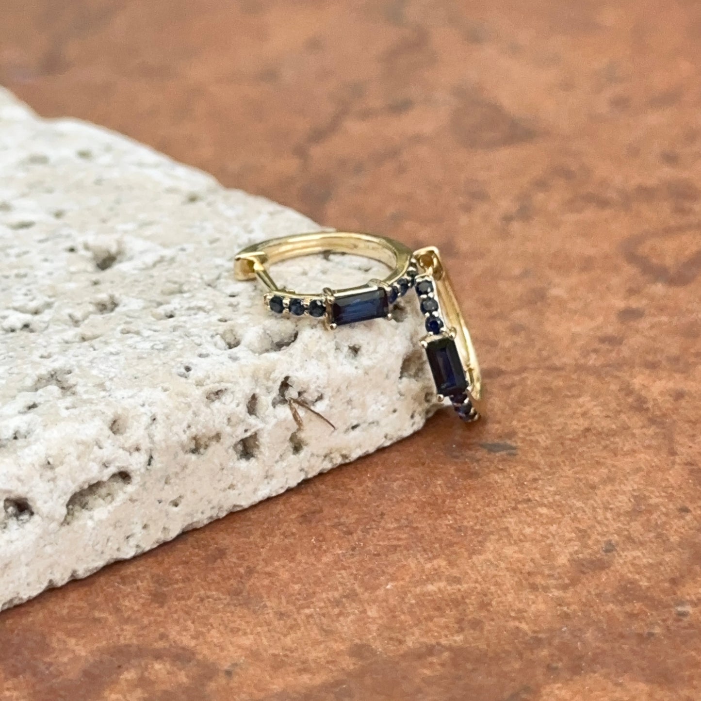 10KT Yellow Gold Lab Blue Sapphire Huggie Hoop Earrings