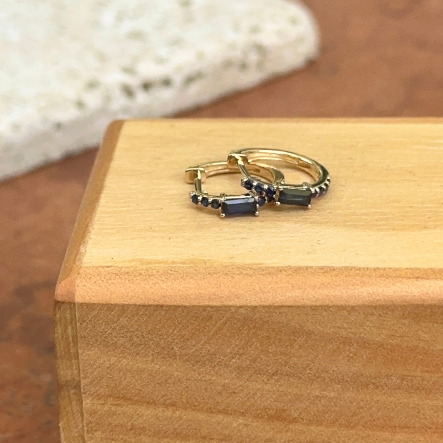 10KT Yellow Gold Lab Blue Sapphire Huggie Hoop Earrings