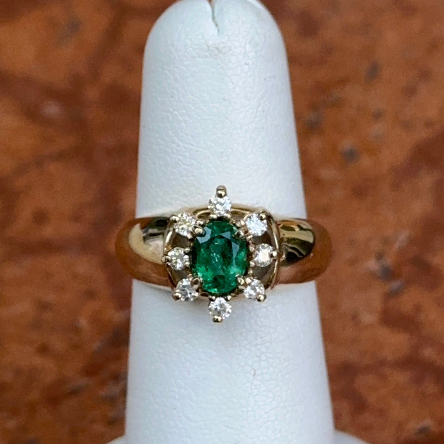 Estate 14KT Yellow Gold Oval Emerald + Diamond Halo Ring