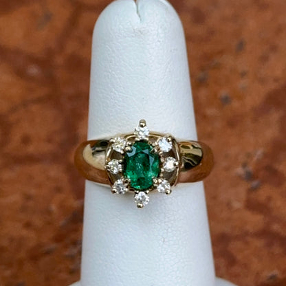 Estate 14KT Yellow Gold Oval Emerald + Diamond Halo Ring