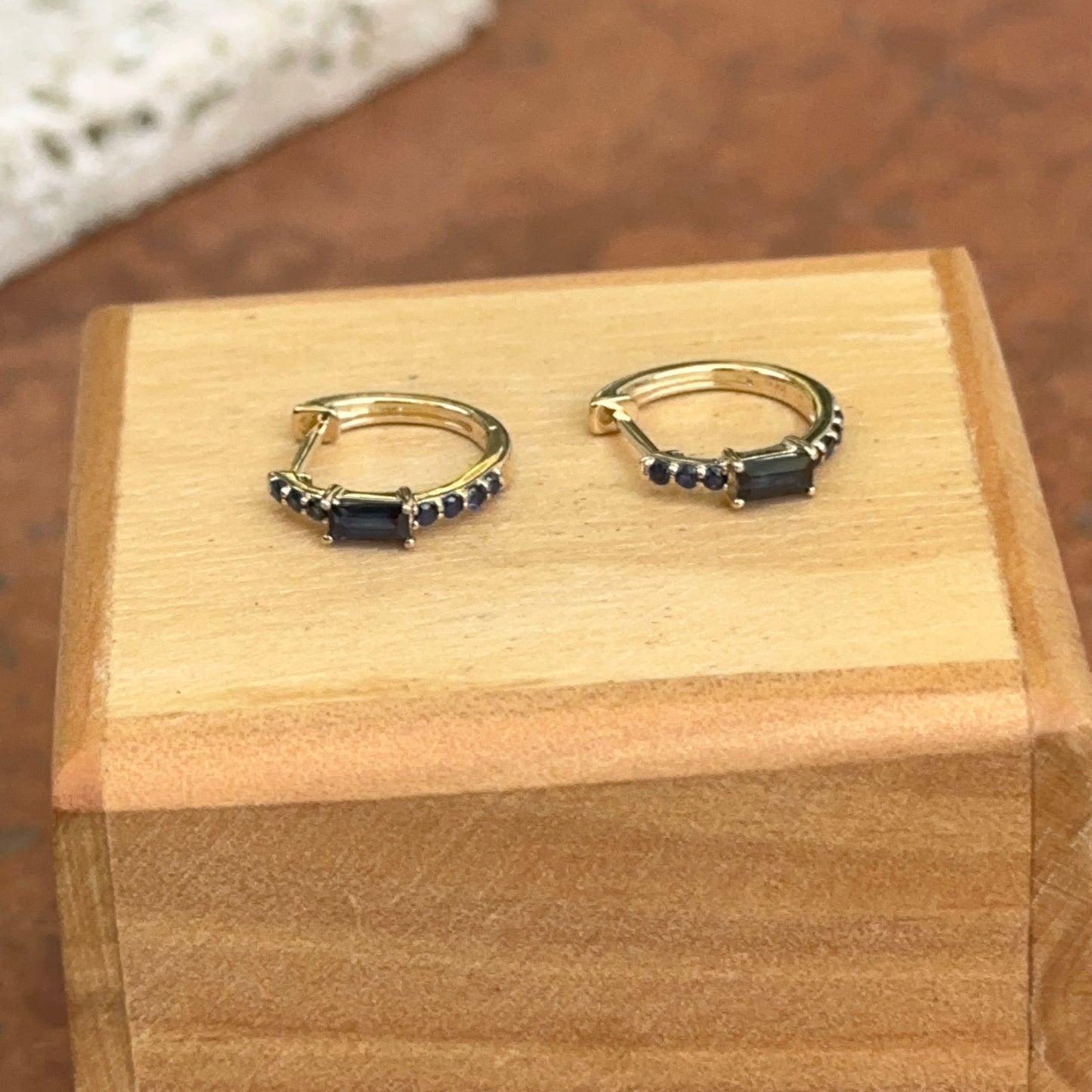 10KT Yellow Gold Lab Blue Sapphire Huggie Hoop Earrings