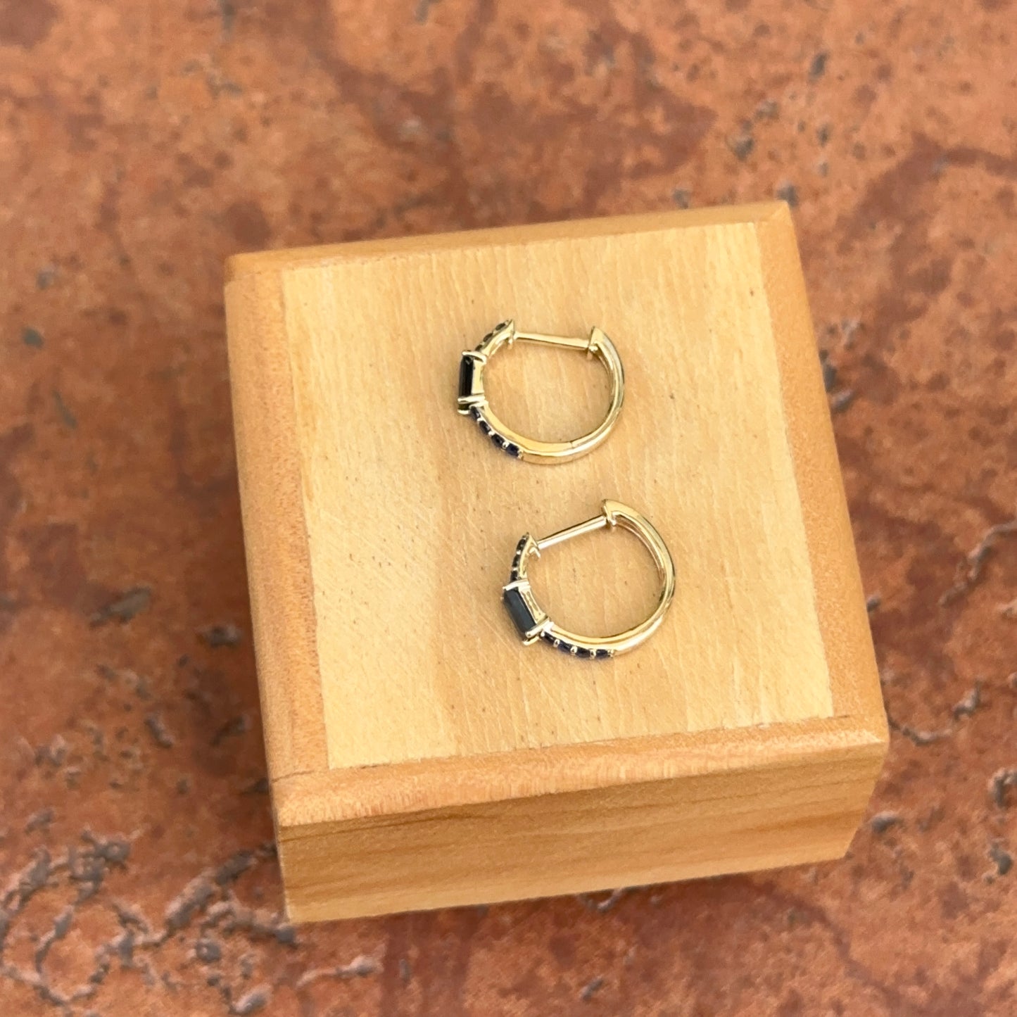 10KT Yellow Gold Lab Blue Sapphire Huggie Hoop Earrings