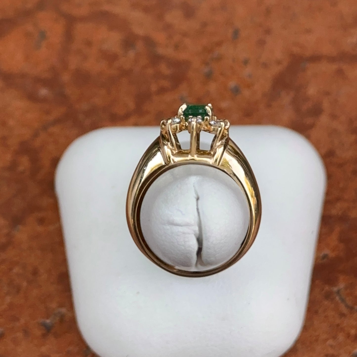 Estate 14KT Yellow Gold Oval Emerald + Diamond Halo Ring
