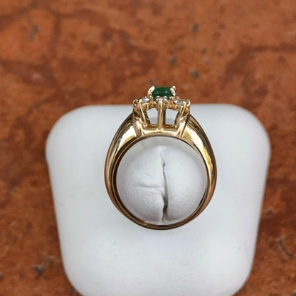 Estate 14KT Yellow Gold Oval Emerald + Diamond Halo Ring
