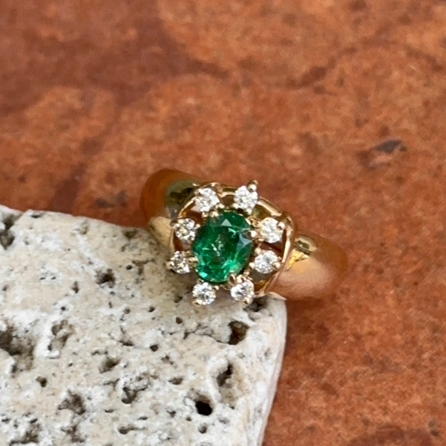 Estate 14KT Yellow Gold Oval Emerald + Diamond Halo Ring