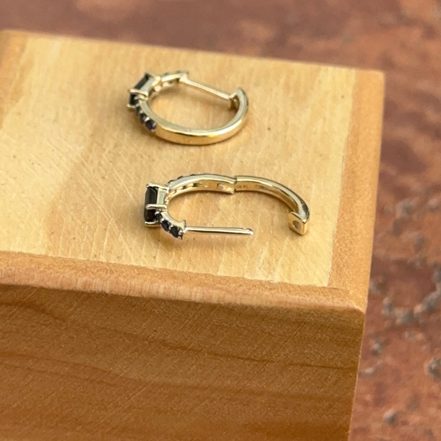 10KT Yellow Gold Lab Blue Sapphire Huggie Hoop Earrings