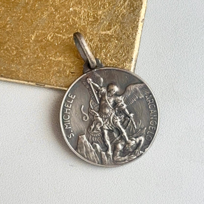 Sterling Silver Antiqued St Michael Round Pendant 30mm