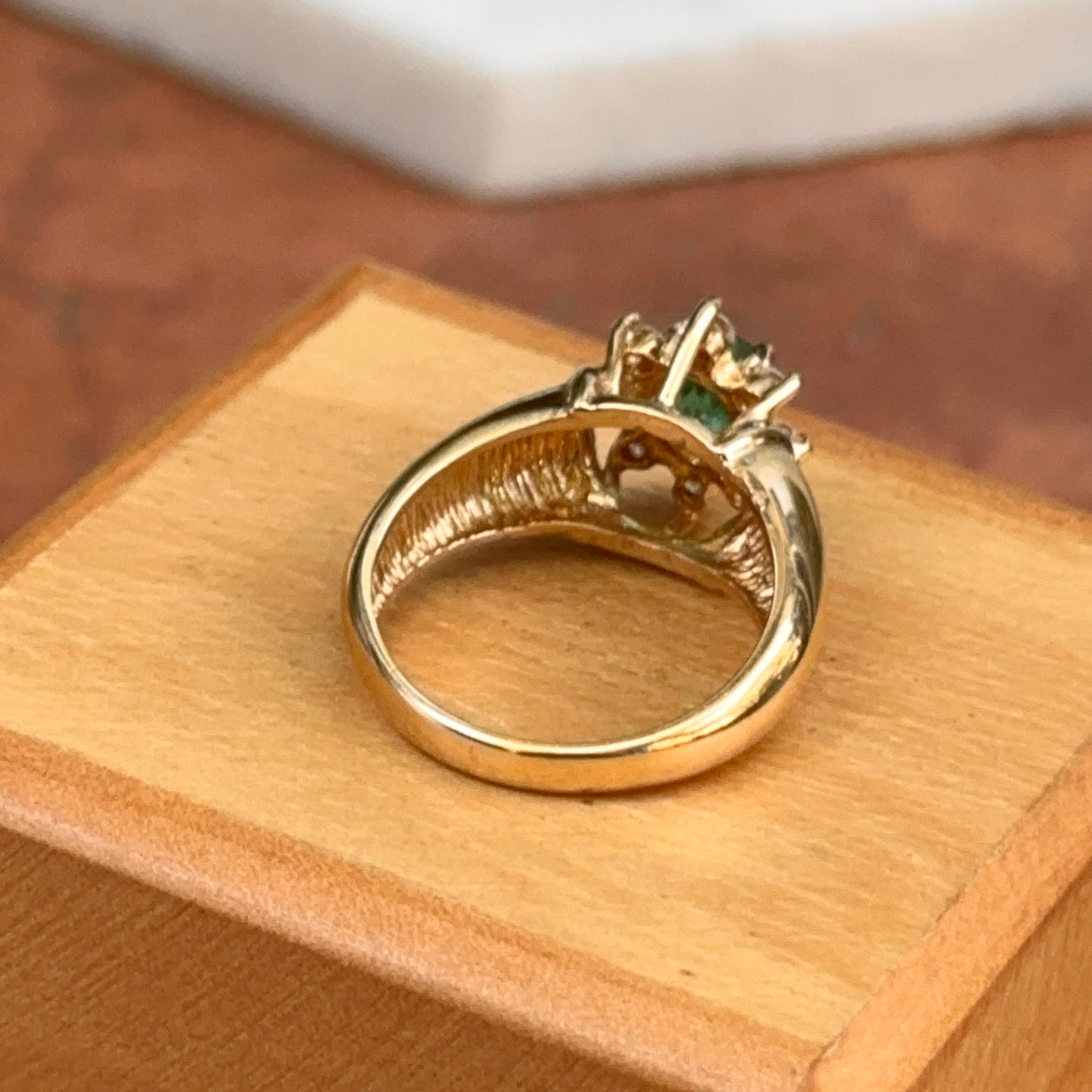 Estate 14KT Yellow Gold Oval Emerald + Diamond Halo Ring