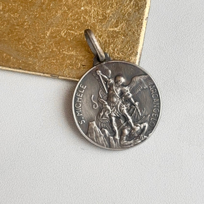 Sterling Silver Antiqued St Michael Round Pendant 30mm