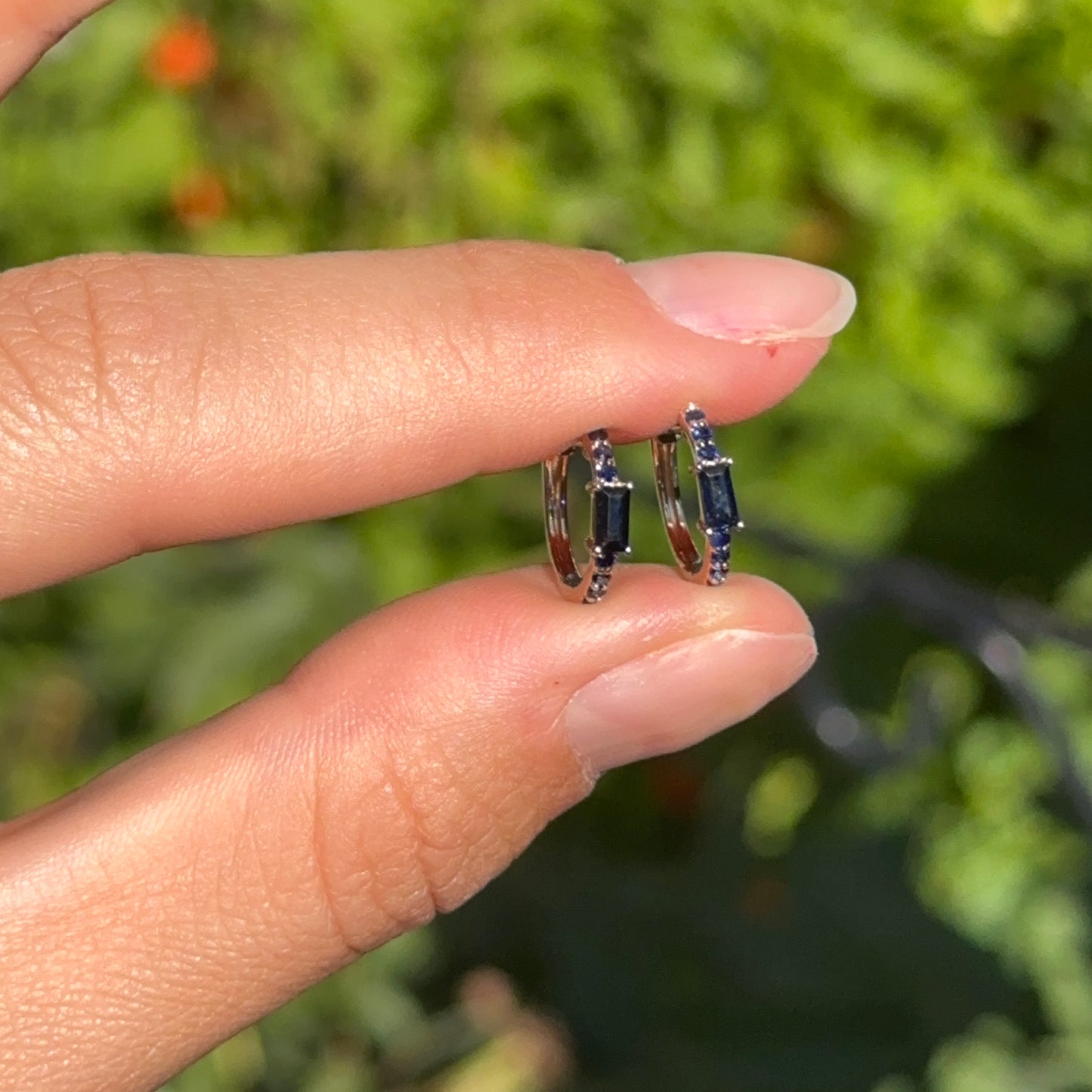 10KT Yellow Gold Lab Blue Sapphire Huggie Hoop Earrings