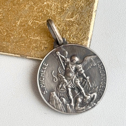 Sterling Silver Antiqued St Michael Round Pendant 30mm