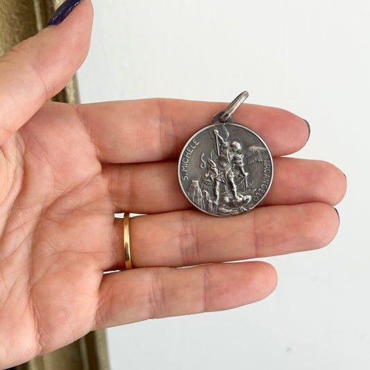 Sterling Silver Antiqued St Michael Round Pendant 30mm