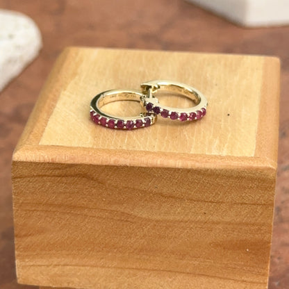 10KT Yellow Gold Round Genuine Ruby Huggie Hoop Earrings 8mm