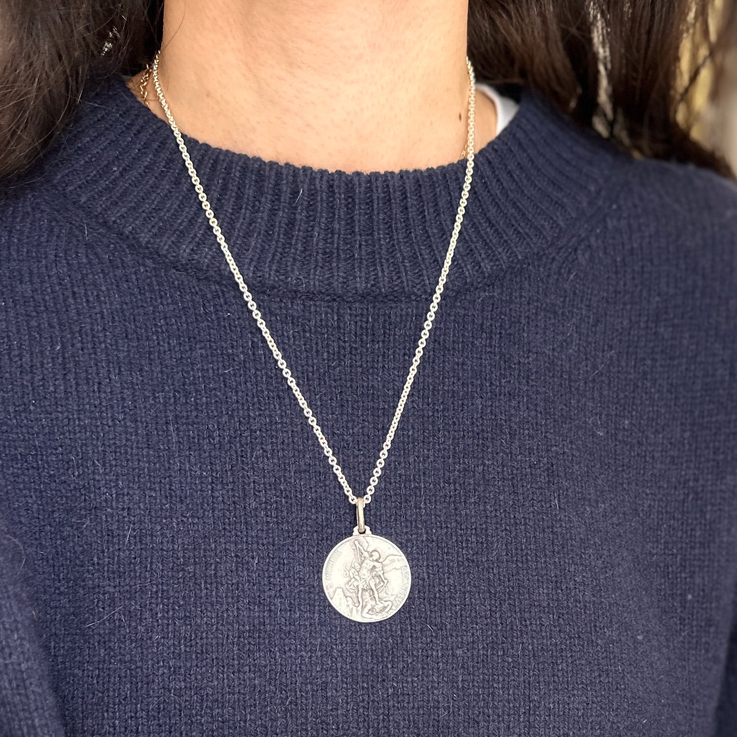 Sterling Silver Antiqued St Michael Round Pendant 30mm