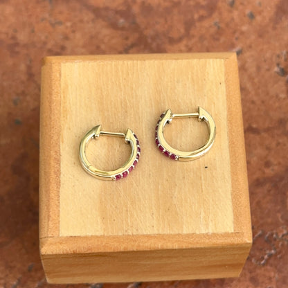 10KT Yellow Gold Round Genuine Ruby Huggie Hoop Earrings 8mm