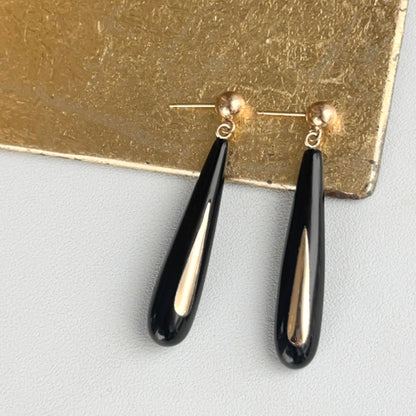 Estate 14KT Yellow Gold Long Teardrop Black Onyx Ball Dangle Earrings