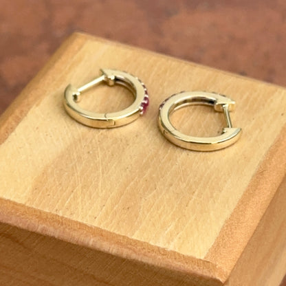 10KT Yellow Gold Round Genuine Ruby Huggie Hoop Earrings 8mm