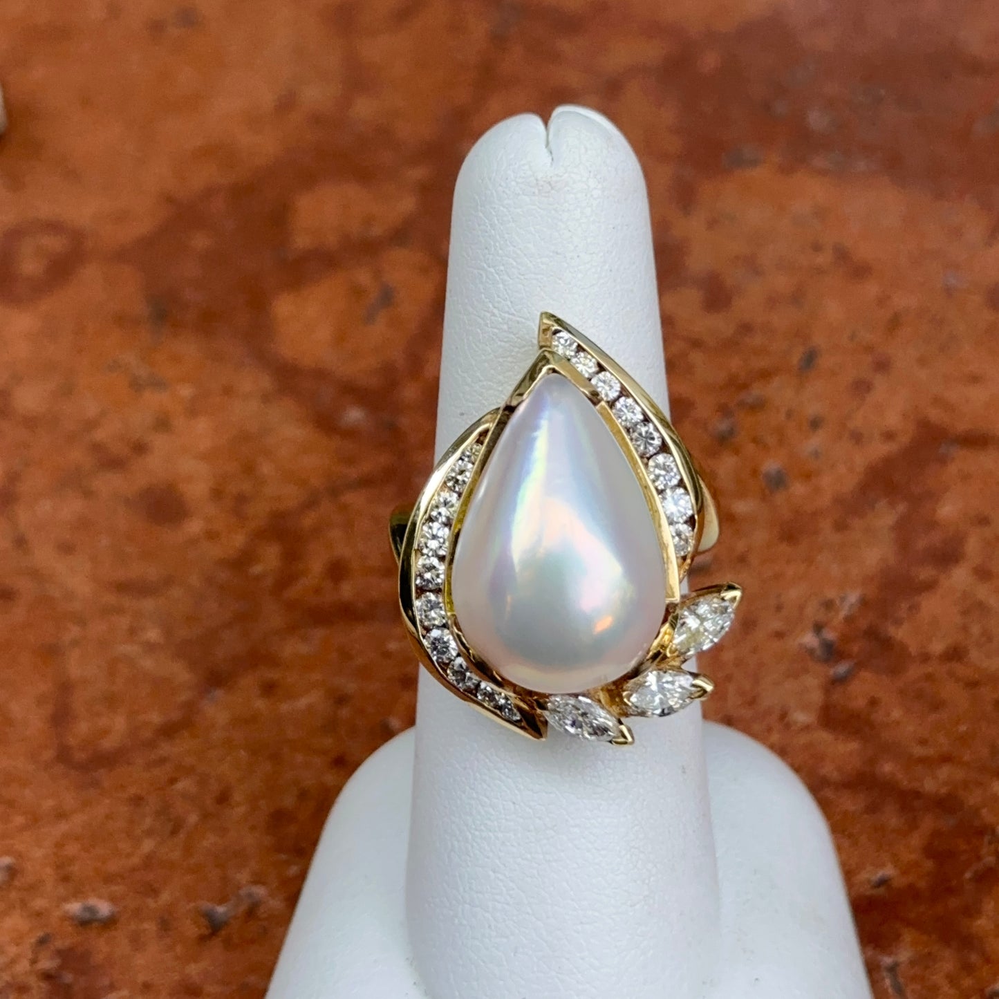 Estate 18KT Teardrop Mabe Pearl + Diamonds Ring
