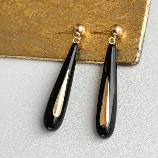 Estate 14KT Yellow Gold Long Teardrop Black Onyx Ball Dangle Earrings