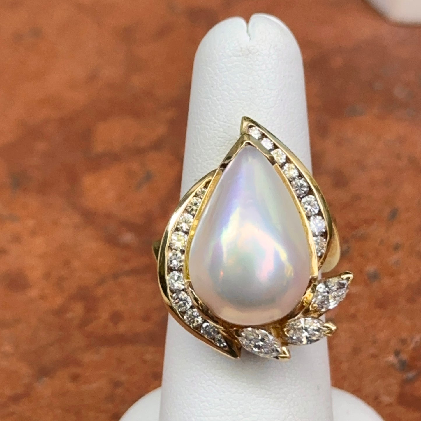 Estate 18KT Teardrop Mabe Pearl + Diamonds Ring