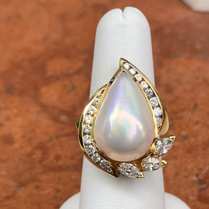 Estate 18KT Teardrop Mabe Pearl + Diamonds Ring