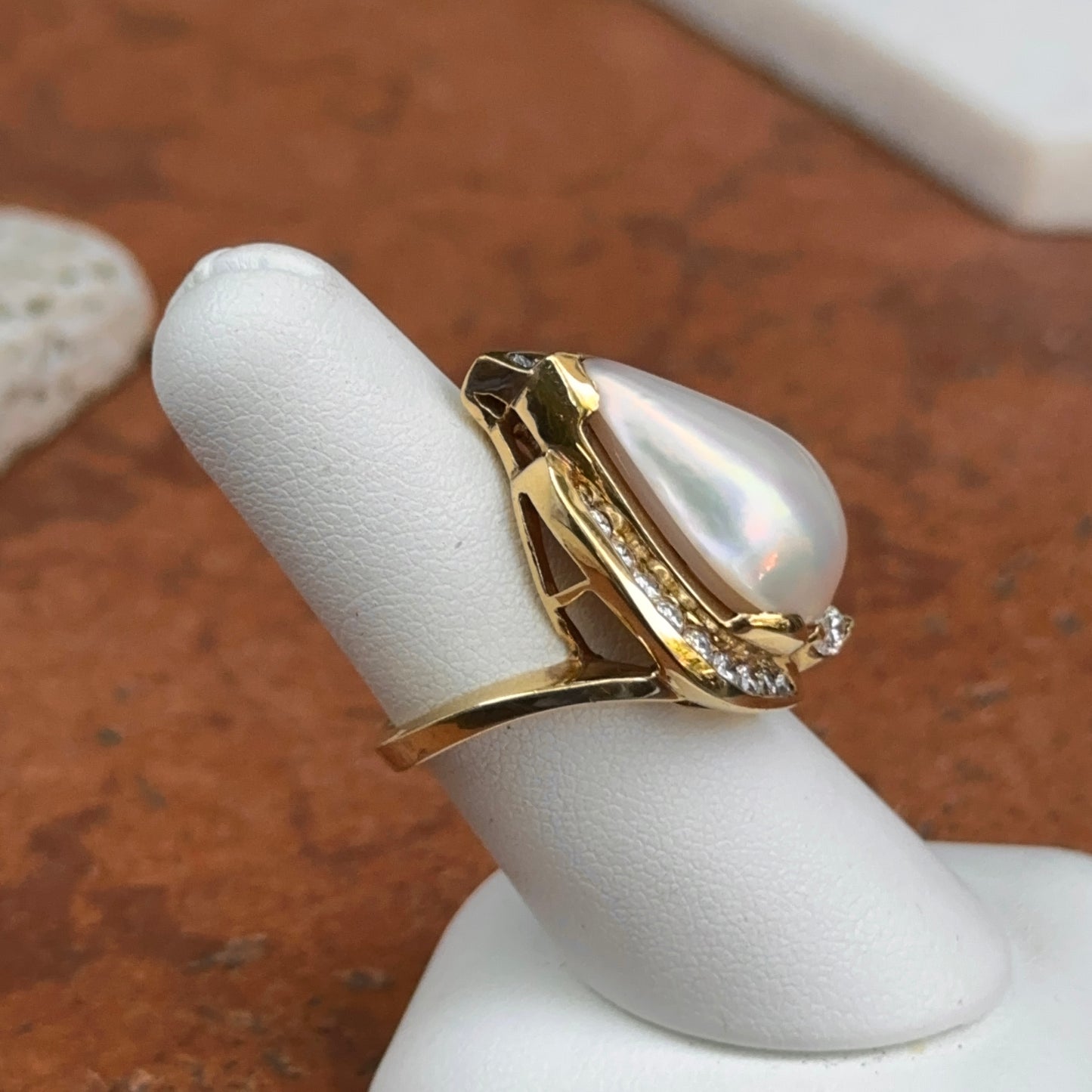 Estate 18KT Teardrop Mabe Pearl + Diamonds Ring